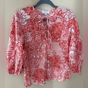 Pearl by Lela Rose, red blouse structured shoulder tie front cotton made in USA